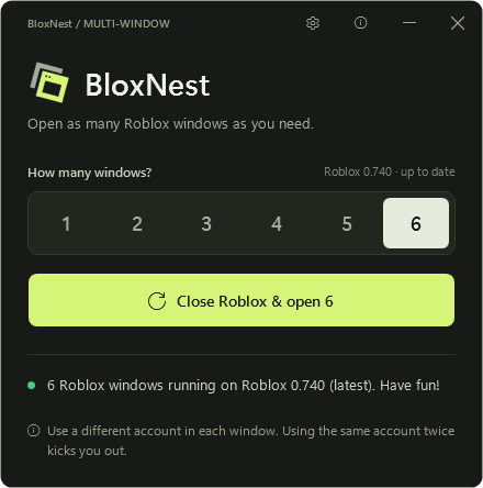 BloxNest Windows application showing its Roblox window count controls, with six Roblox windows running.