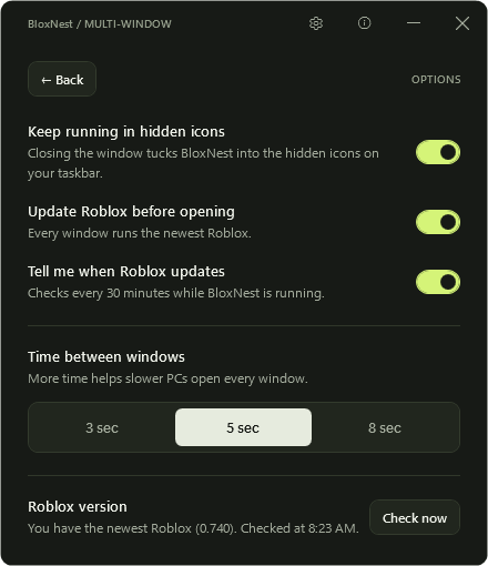 BloxNest Options screen with launch delay, system tray and Roblox update settings.