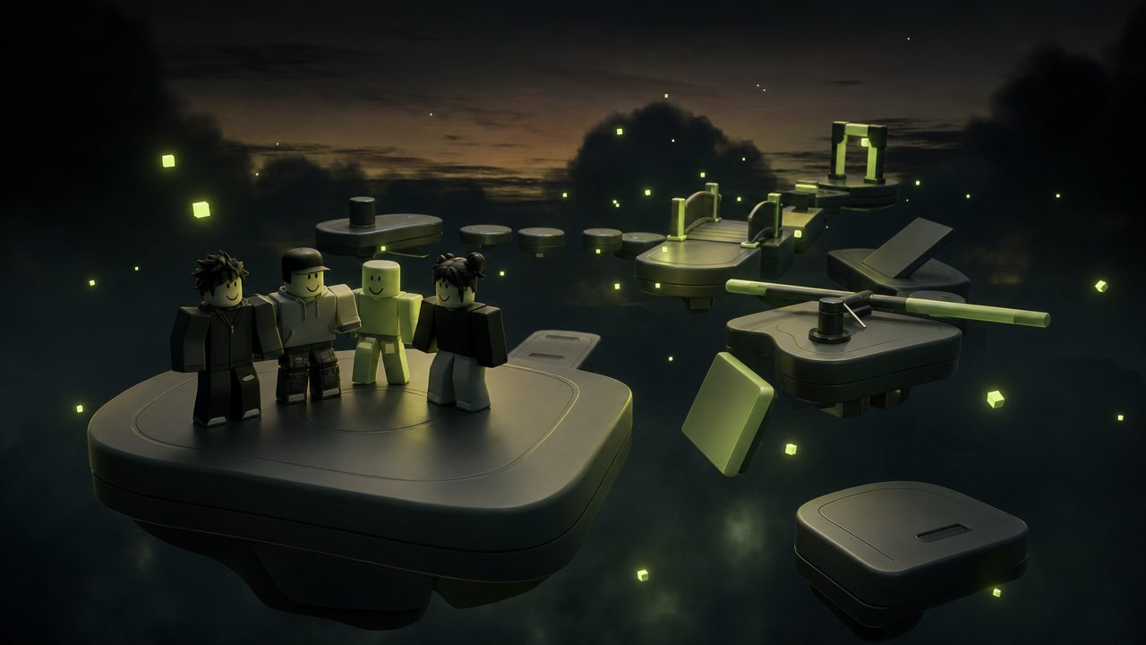 Four blocky Roblox-style avatars hanging out on a floating obby platform at dusk.