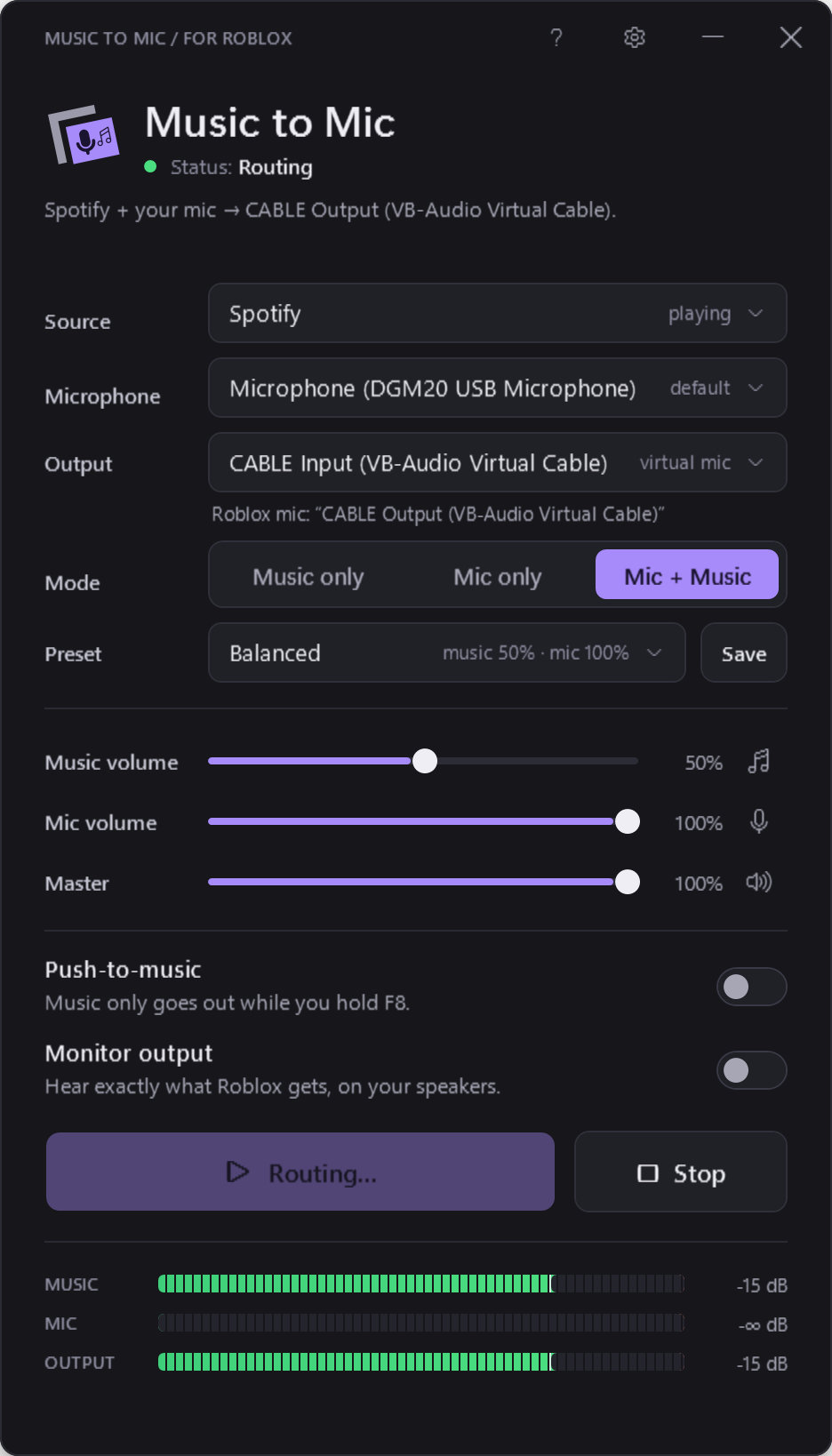 Music to Mic window routing Spotify and a microphone into CABLE Input, with the music, mic and output meters lit.