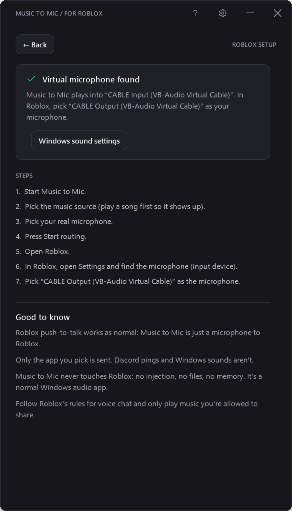 Music to Mic's Roblox Setup page: virtual microphone found, and the seven setup steps.