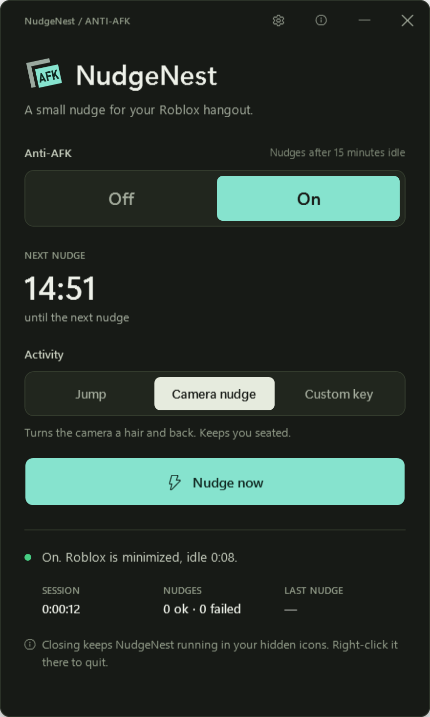 NudgeNest app window: Anti-AFK is on, Roblox is minimized, next nudge in 14:51, Camera nudge selected.
