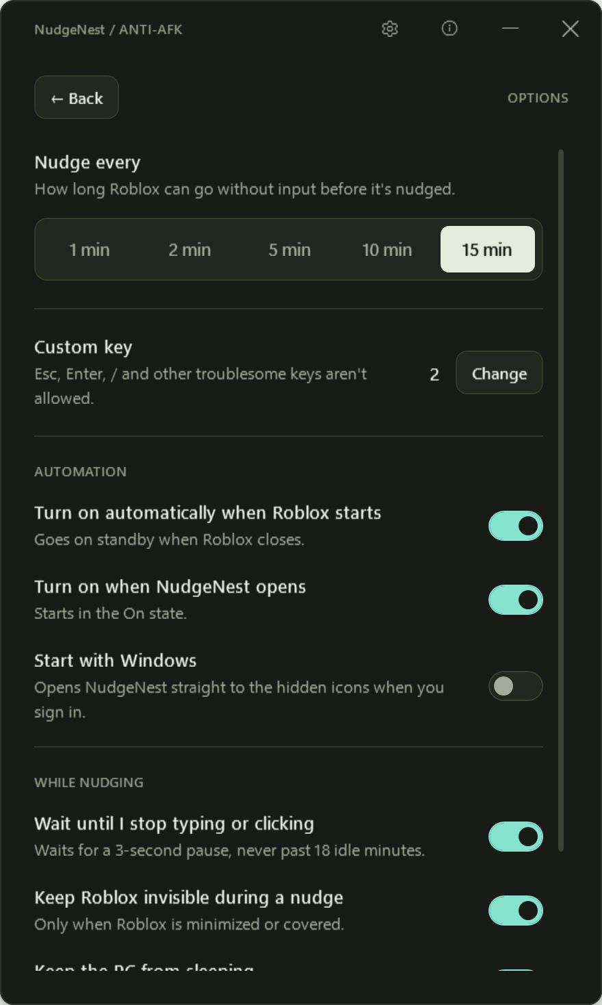 NudgeNest Options page: nudge interval, custom key, automation and nudging switches.